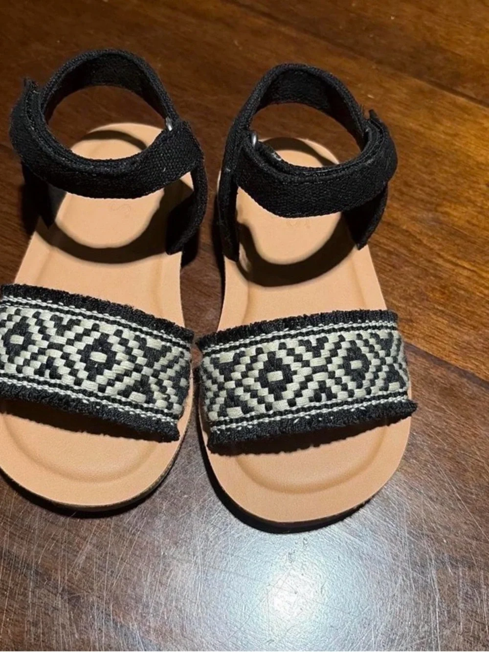 Toms Kids Black Strappy Sandals with Woven Cream Accent